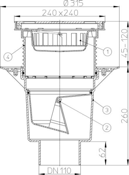 Perfektablauf DN110 senkrecht mit Dichtflansch und frostsicherer Geruchsklappe, 240x240mm / Edelstahlrost 226x226mm  HL616S/1